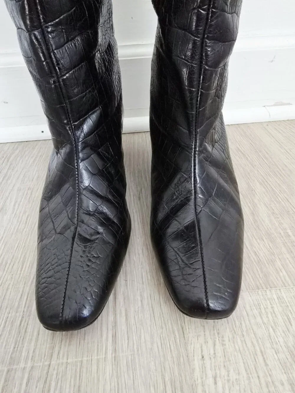Anine Bing Felicia Croc Embossed Tall Knee Heeled Boots 41 11 Black Leather